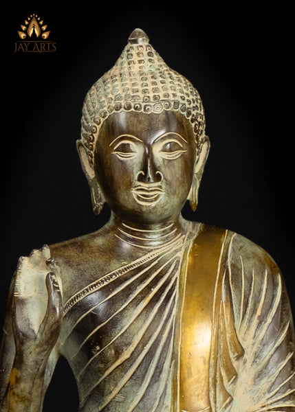 15" Brass Buddha in Teaching Gesture with a Vintage Brownish Green Patina