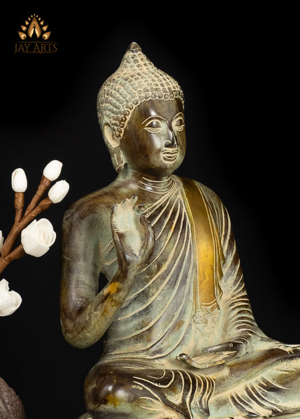 15" Brass Buddha in Teaching Gesture with a Vintage Brownish Green Patina