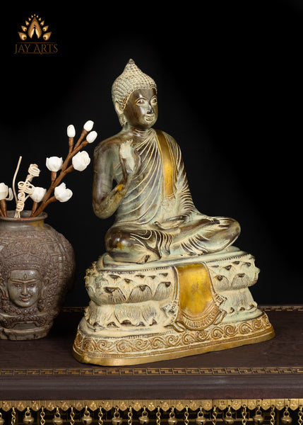 15" Brass Buddha in Teaching Gesture with a Vintage Brownish Green Patina