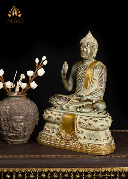 15" Brass Buddha in Teaching Gesture with a Vintage Brownish Green Patina