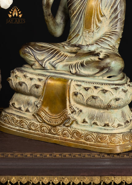 15" Brass Buddha in Teaching Gesture with a Vintage Brownish Green Patina