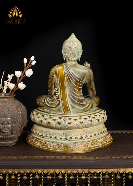 15" Brass Buddha in Teaching Gesture with a Vintage Brownish Green Patina