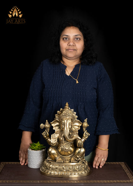 15" Brass Lord Ganesha Idol with Big Ears Symbol of Wisdom and Joy