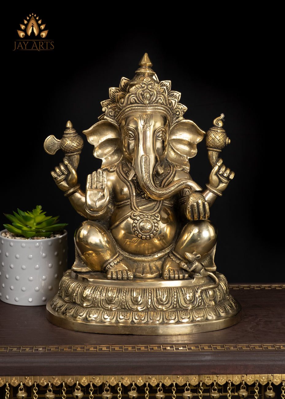 15" Brass Lord Ganesha Idol with Big Ears Symbol of Wisdom and Joy