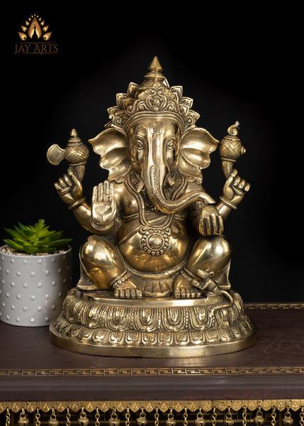 15" Brass Lord Ganesha Idol with Big Ears Symbol of Wisdom and Joy