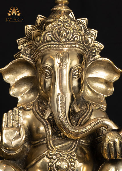 15" Brass Lord Ganesha Idol with Big Ears Symbol of Wisdom and Joy