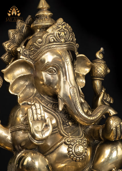 15" Brass Lord Ganesha Idol with Big Ears Symbol of Wisdom and Joy