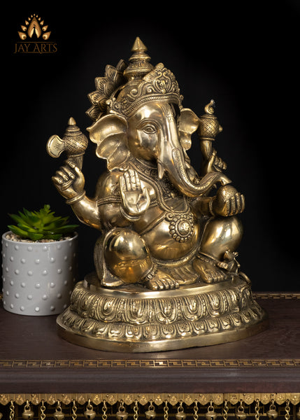 15" Brass Lord Ganesha Idol with Big Ears Symbol of Wisdom and Joy