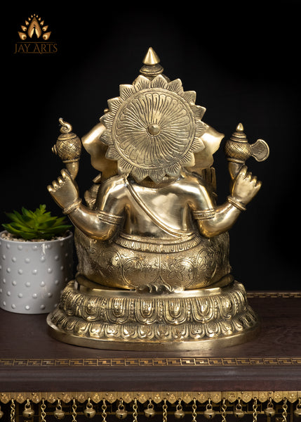15" Brass Lord Ganesha Idol with Big Ears Symbol of Wisdom and Joy