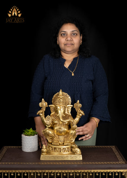 19" Elegant Brass Ganesh Statue With Fine Details & Sacred Ornaments