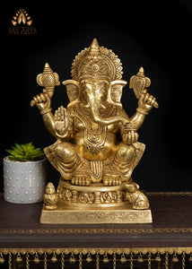 19" Elegant Brass Ganesh Statue With Fine Details & Sacred Ornaments
