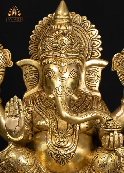 19" Elegant Brass Ganesh Statue With Fine Details & Sacred Ornaments