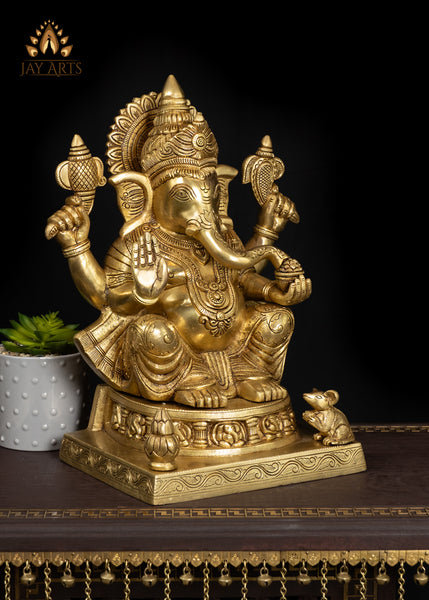 19" Elegant Brass Ganesh Statue With Fine Details & Sacred Ornaments