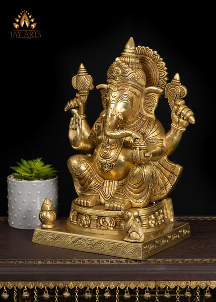 19" Elegant Brass Ganesh Statue With Fine Details & Sacred Ornaments