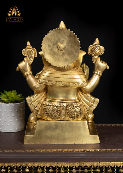 19" Elegant Brass Ganesh Statue With Fine Details & Sacred Ornaments