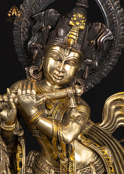 26" Exquisite Brass Krishna Statue in Tribhanga Posture with Gopis and Base Engraved With Childhood Tales