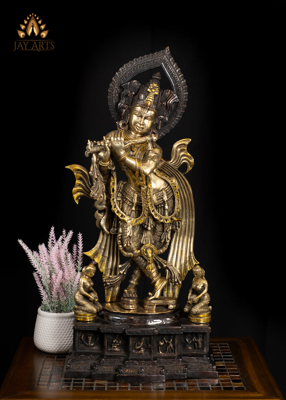 26" Exquisite Brass Krishna Statue in Tribhanga Posture with Gopis and Base Engraved With Childhood Tales