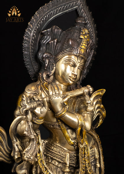 26" Exquisite Brass Krishna Statue in Tribhanga Posture with Gopis and Base Engraved With Childhood Tales