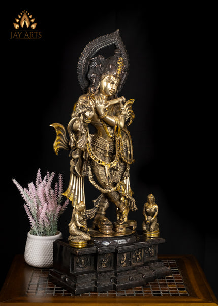 26" Exquisite Brass Krishna Statue in Tribhanga Posture with Gopis and Base Engraved With Childhood Tales