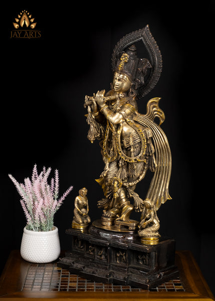 26" Exquisite Brass Krishna Statue in Tribhanga Posture with Gopis and Base Engraved With Childhood Tales
