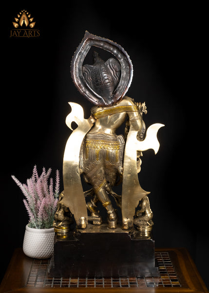 26" Exquisite Brass Krishna Statue in Tribhanga Posture with Gopis and Base Engraved With Childhood Tales