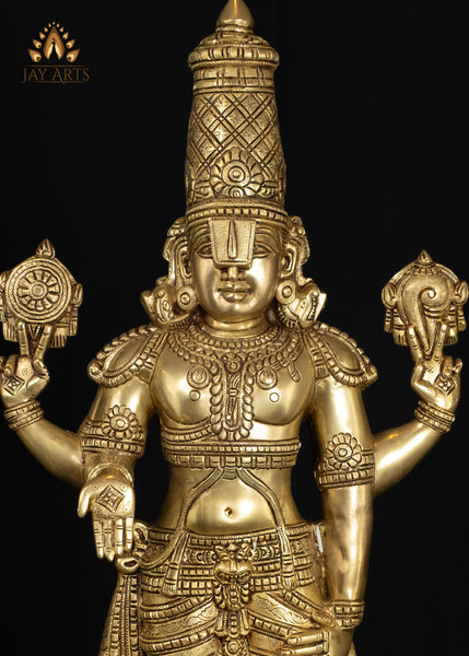33" Divine Brass Venkateswara Statue with Elaborate Crown and Lotus Base