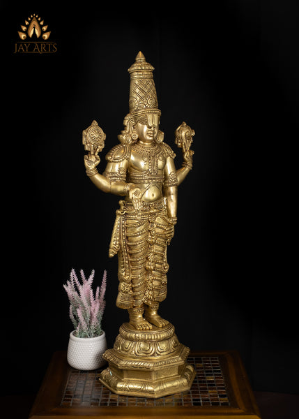 33" Divine Brass Venkateswara Statue with Elaborate Crown and Lotus Base