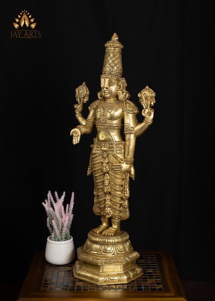 33" Divine Brass Venkateswara Statue with Elaborate Crown and Lotus Base
