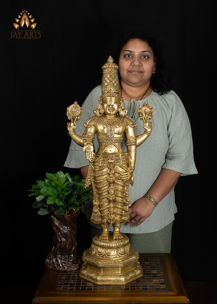 33" Divine Brass Venkateswara Statue with Elaborate Crown and Lotus Base