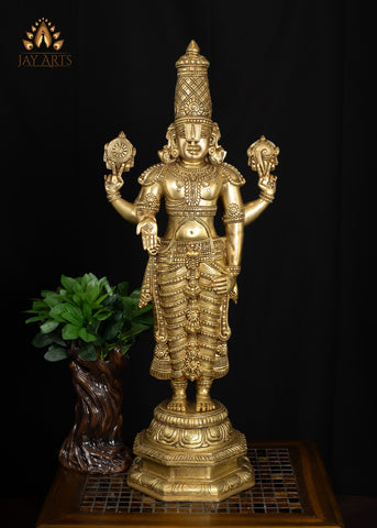 33" Divine Brass Venkateswara Statue with Elaborate Crown and Lotus Base