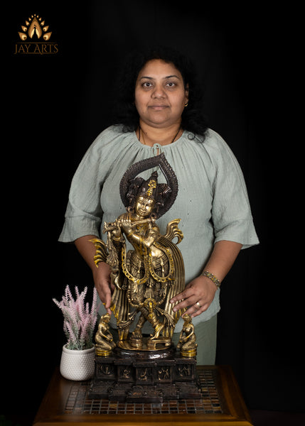 26" Exquisite Brass Krishna Statue in Tribhanga Posture with Gopis and Base Engraved With Childhood Tales