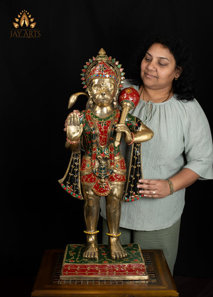34" Majestic Brass Hanuman Holding a Mace Anjaneya Statue Symbol of Strength & Devotion