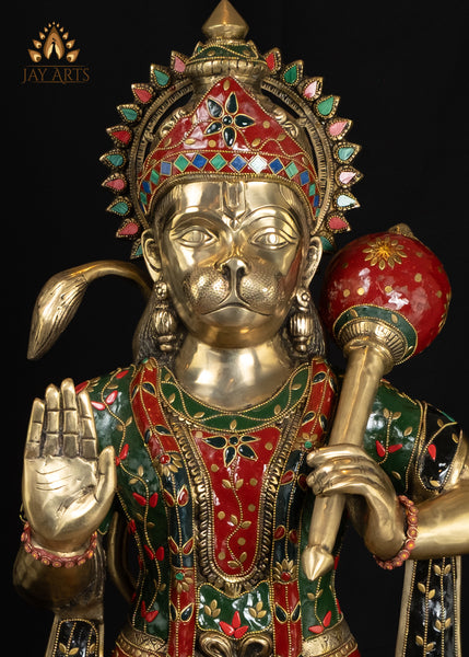 34" Majestic Brass Hanuman Holding a Mace Anjaneya Statue Symbol of Strength & Devotion