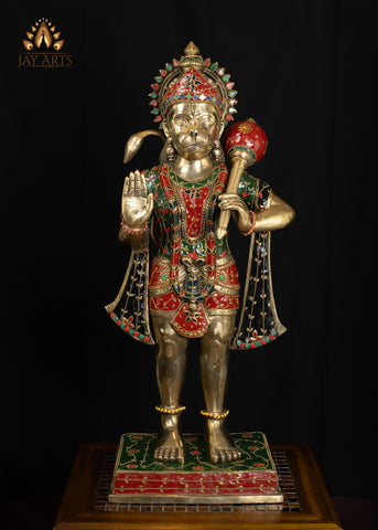 34" Majestic Brass Hanuman Holding a Mace Anjaneya Statue Symbol of Strength & Devotion