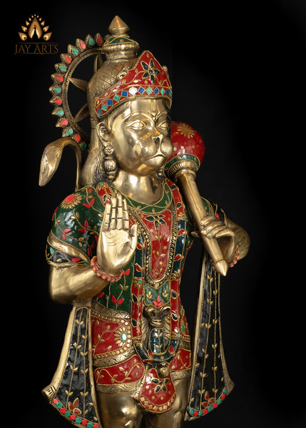 34" Majestic Brass Hanuman Holding a Mace Anjaneya Statue Symbol of Strength & Devotion