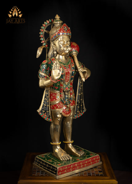 34" Majestic Brass Hanuman Holding a Mace Anjaneya Statue Symbol of Strength & Devotion