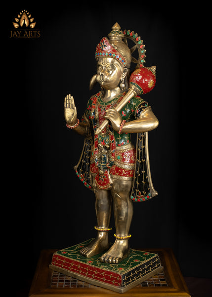 34" Majestic Brass Hanuman Holding a Mace Anjaneya Statue Symbol of Strength & Devotion