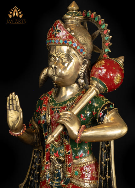 34" Majestic Brass Hanuman Holding a Mace Anjaneya Statue Symbol of Strength & Devotion