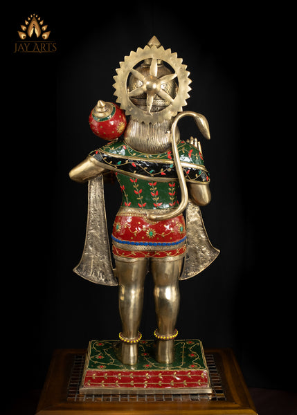34" Majestic Brass Hanuman Holding a Mace Anjaneya Statue Symbol of Strength & Devotion