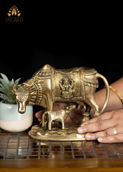 6" Auspicious Brass Cow & Calf Statue for Home Decor and Rituals