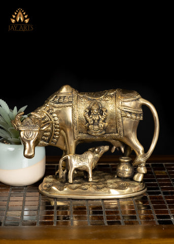 6" Auspicious Brass Cow & Calf Statue for Home Decor and Rituals