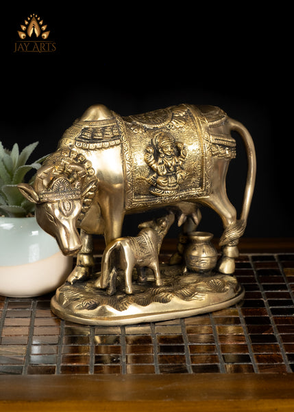 6" Auspicious Brass Cow & Calf Statue for Home Decor and Rituals