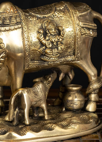 6" Auspicious Brass Cow & Calf Statue for Home Decor and Rituals