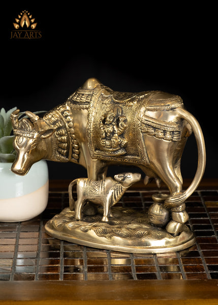 6" Auspicious Brass Cow & Calf Statue for Home Decor and Rituals