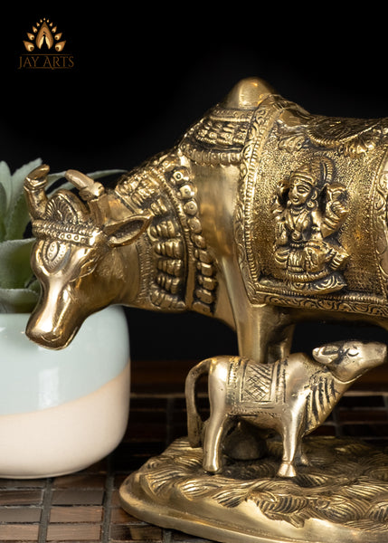 6" Auspicious Brass Cow & Calf Statue for Home Decor and Rituals