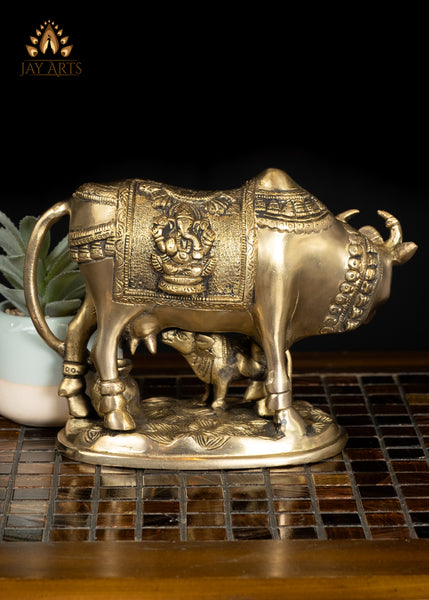 6" Auspicious Brass Cow & Calf Statue for Home Decor and Rituals