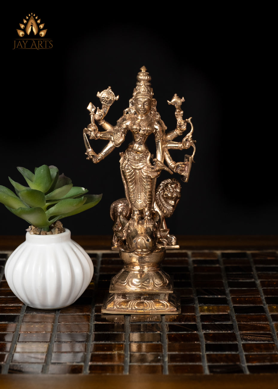 6" Bronze Durga Standing on Bull's Head with Lion Behind Hindu Goddess Statue
