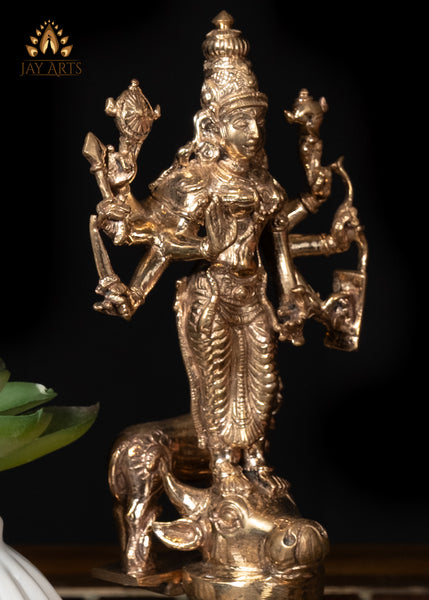 6" Bronze Durga Standing on Bull's Head with Lion Behind Hindu Goddess Statue