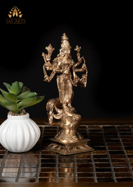 6" Bronze Durga Standing on Bull's Head with Lion Behind Hindu Goddess Statue