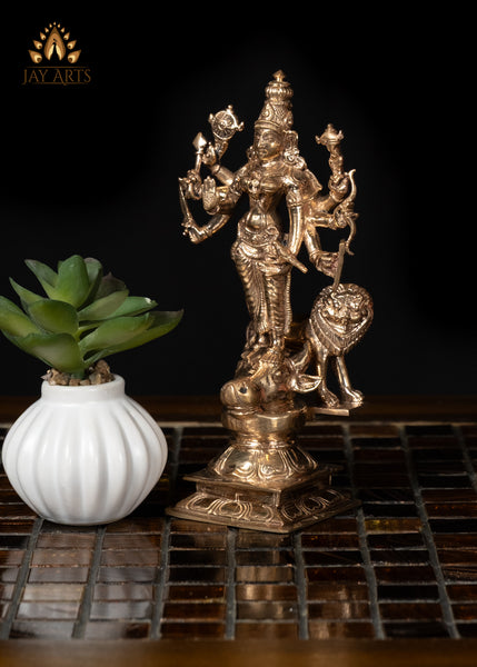 6" Bronze Durga Standing on Bull's Head with Lion Behind Hindu Goddess Statue